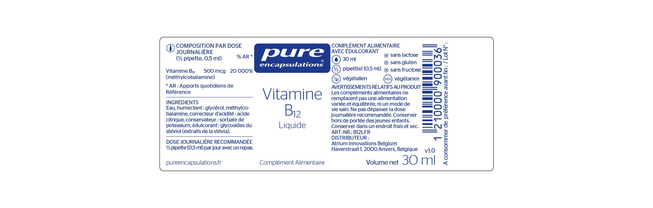 Informations nutritionnelles de la Vitamine B12 Liquide de Pure Encapsulations.