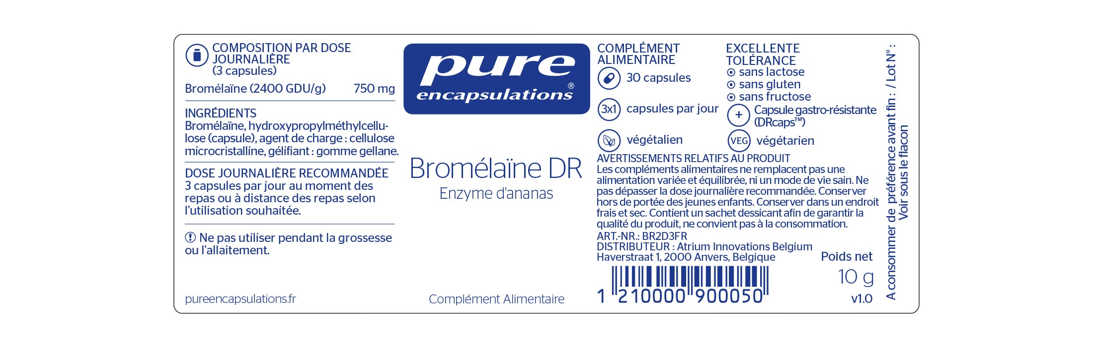 Informations nutritionnelles de la Bromélaïne DR de Pure Encapsulations.