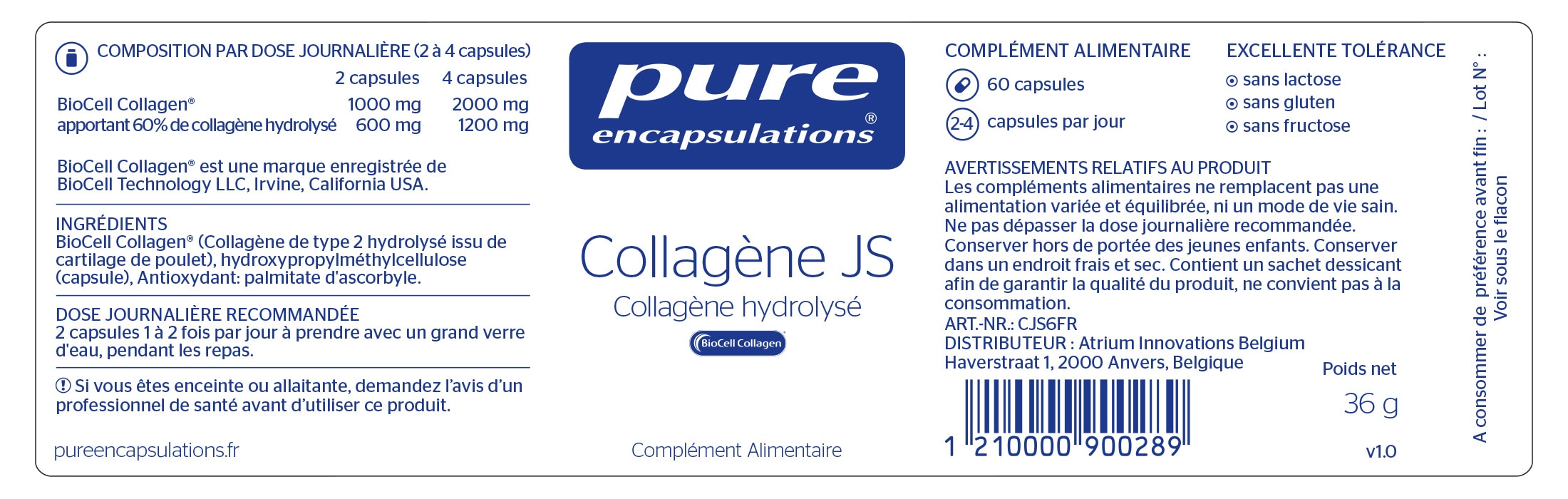 Informations nutritionnelles du Collagène JS de Pure Encapsulations.
