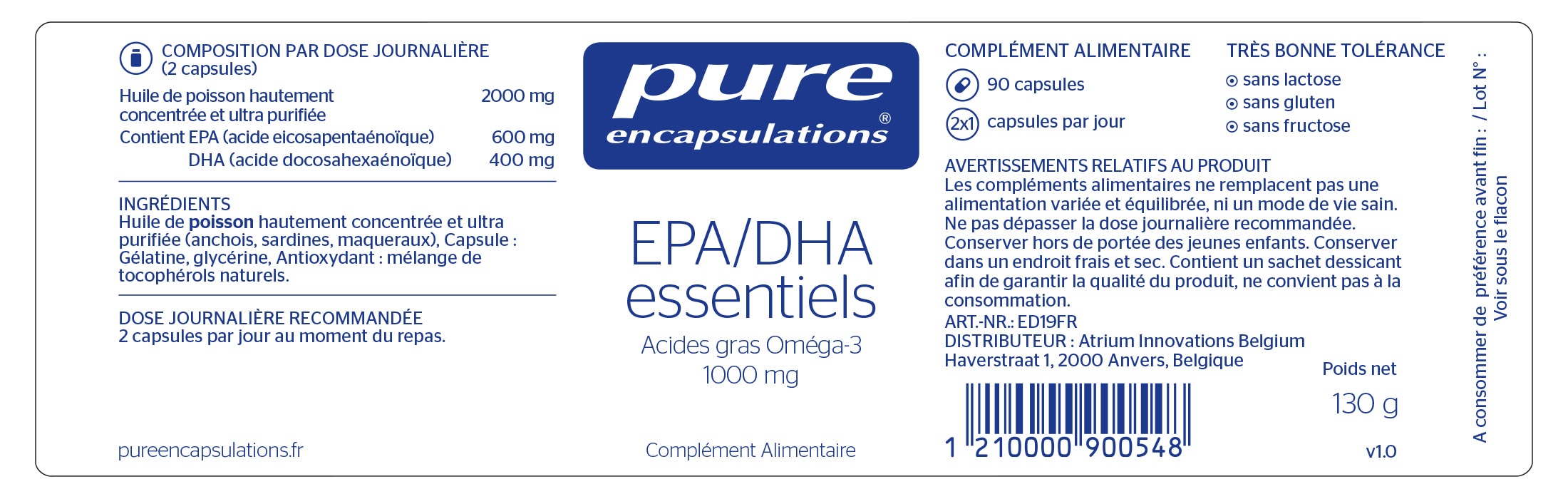 Informations nutritionnelles des EPA/DHA Essentiels de Pure Encapsulations.