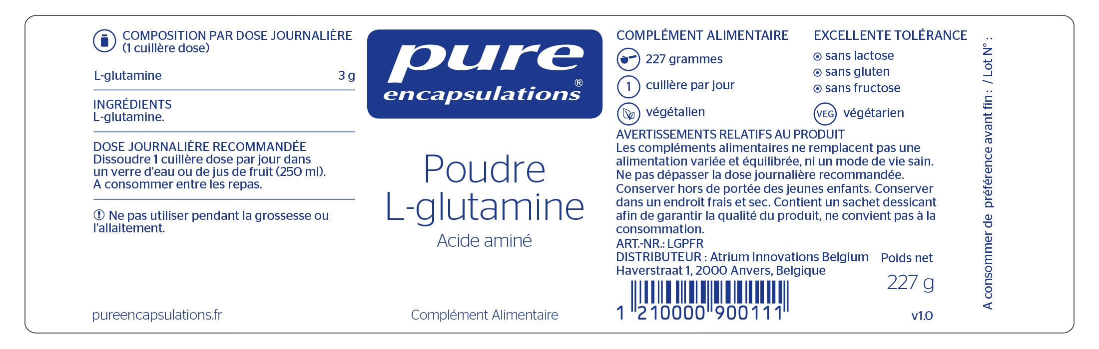 Informations nutritionnelles de la Poudre L-glutamine de Pure Encapsulations.