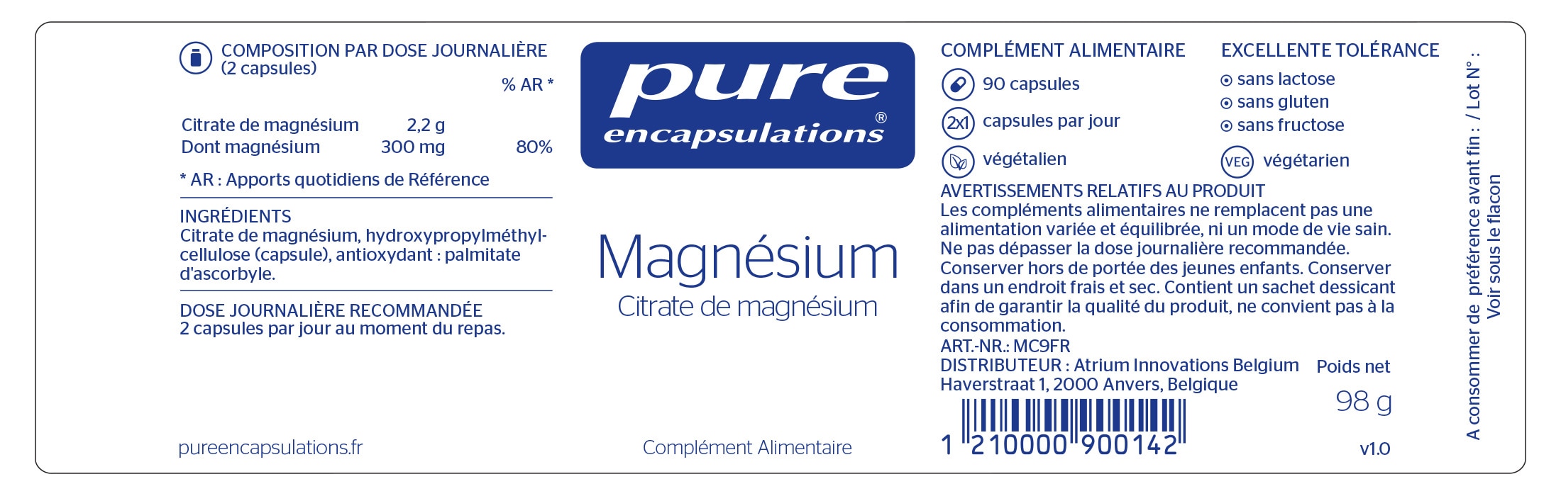 Informations nutritionnelles du Citrate de Magnésium de Pure Encapsulations.