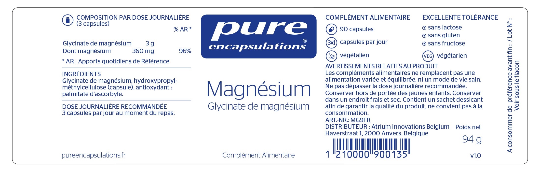 Informations nutritionnelles du Glycinate de Magnésium de Pure Encapsulations.