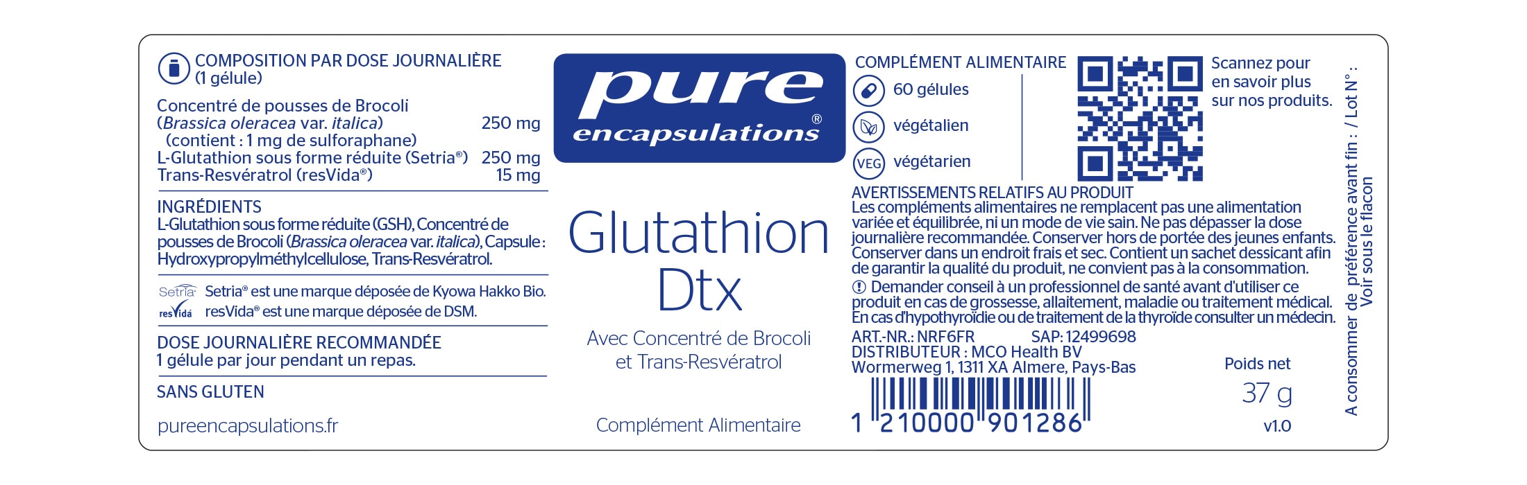 Informations nutritionnelles du Glutathion Dtx de Pure Encapsulations.