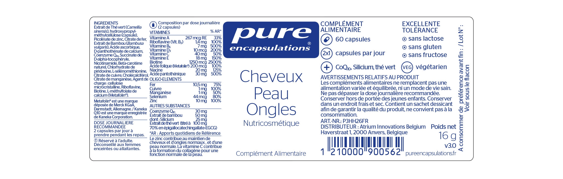 Informations nutritionnelles du Cheveux Peau Ongles de Pure Encapsulations.