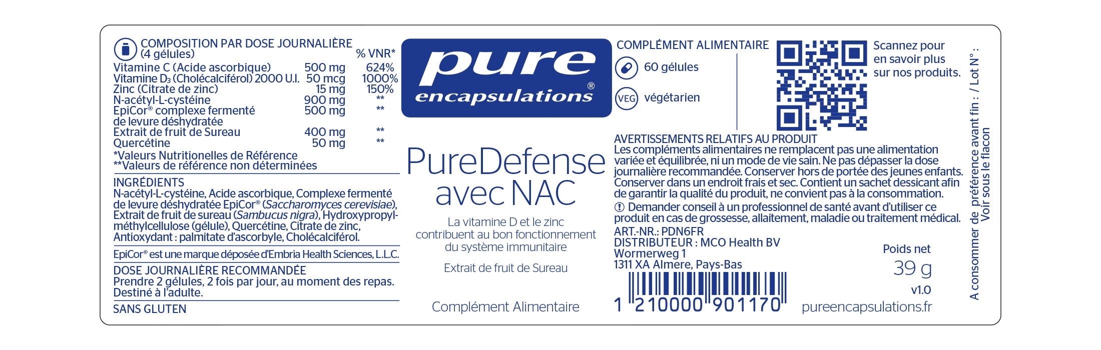 Informations nutritionnelles du PureDefense avec NAC de Pure Encapsulations.