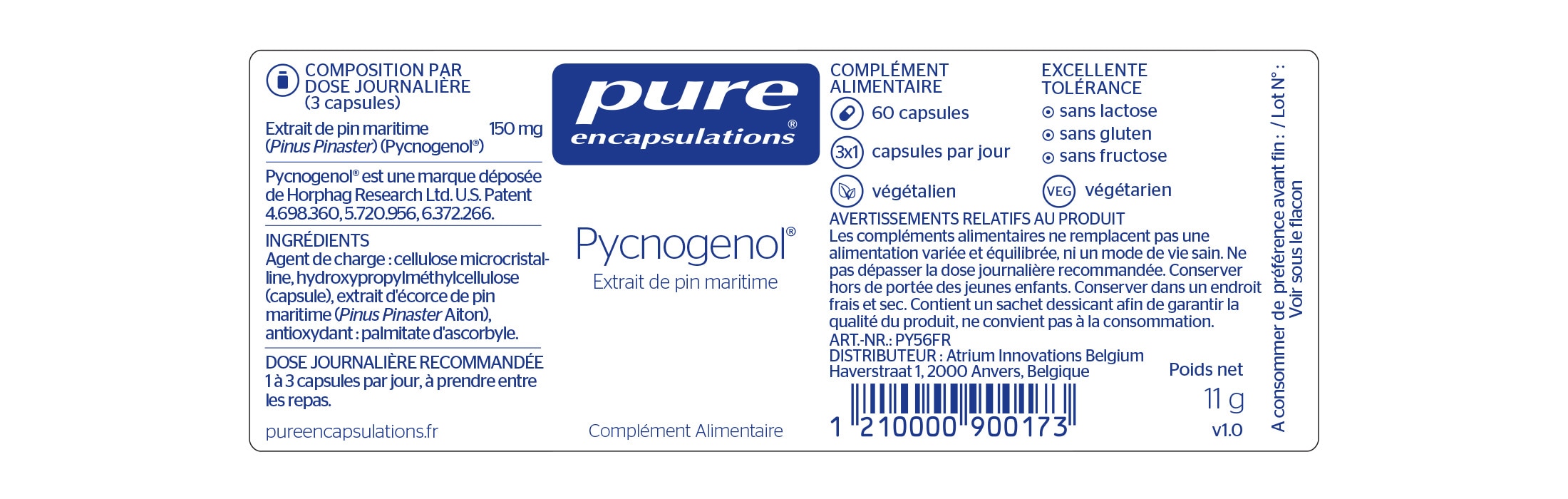Informations nutritionnelles du Pycnogenol de Pure Encapsulations.