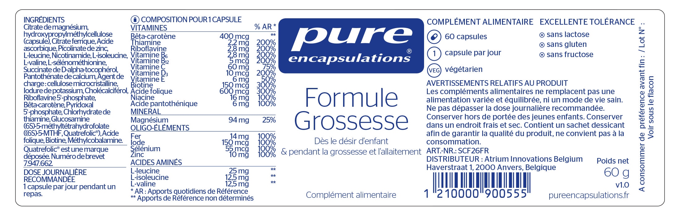 Informations nutritionnelles de la Formule Grossesse de Pure Encapsulations.