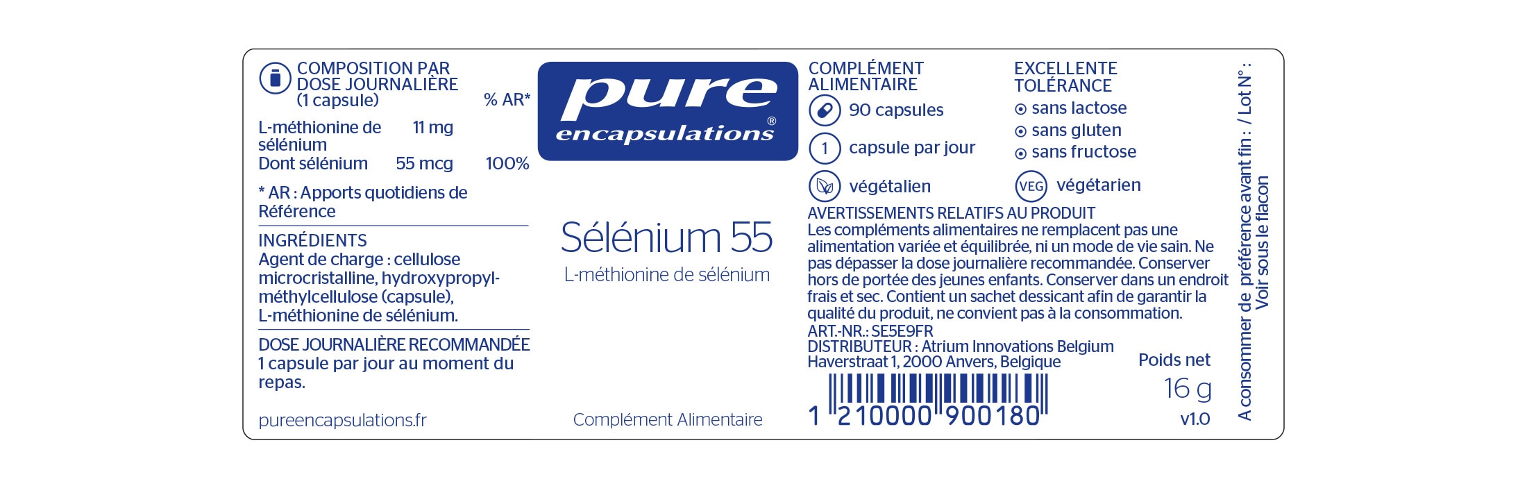 Informations nutritionnelles du Sélénium 55 de Pure Encapsulations.