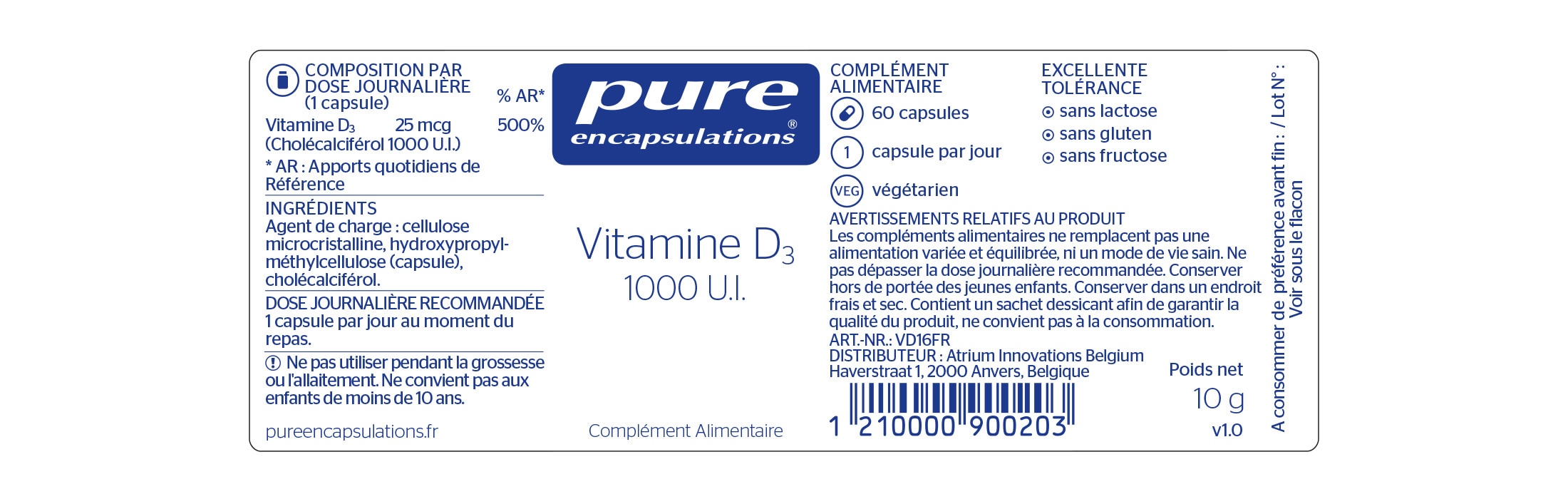 Informations nutritionnelles de la Vitamine D3 1000 U.I. de Pure Encapsulations.