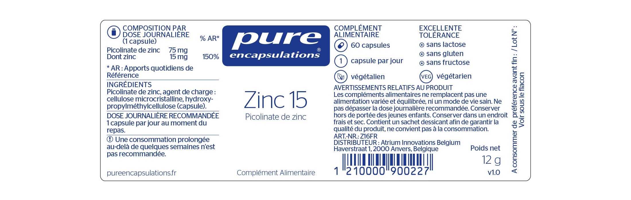Informations nutritionnelles du Zinc 15 de Pure Encapsulations.