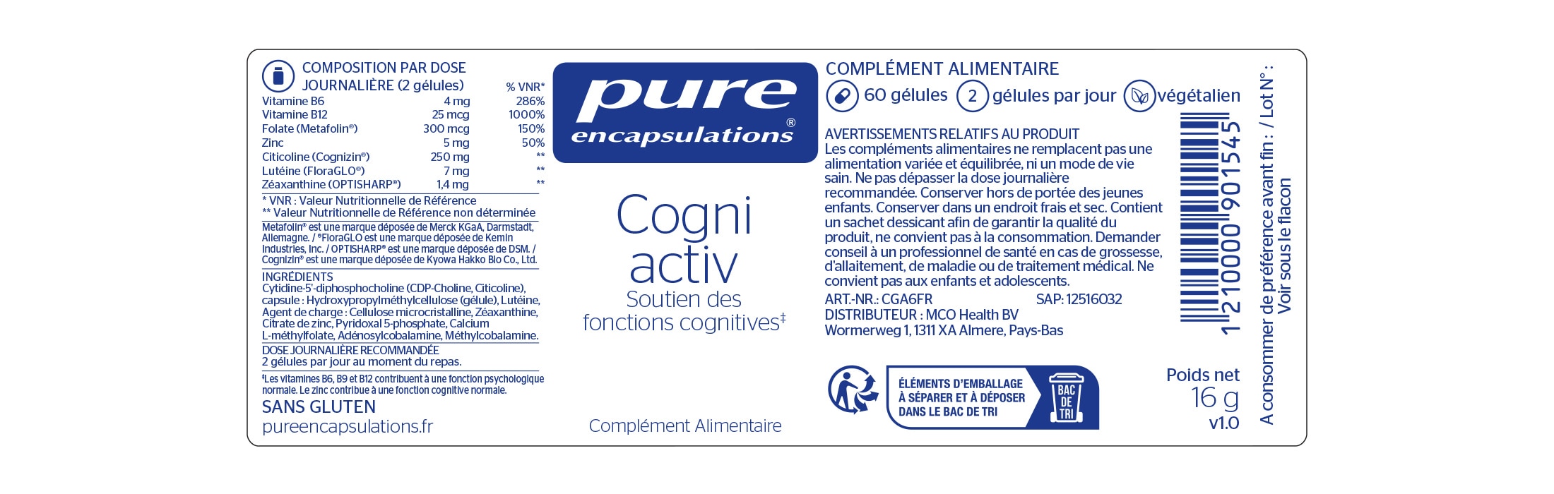 Informations nutritionnelles du Cogni Activ de Pure Encapsulations.