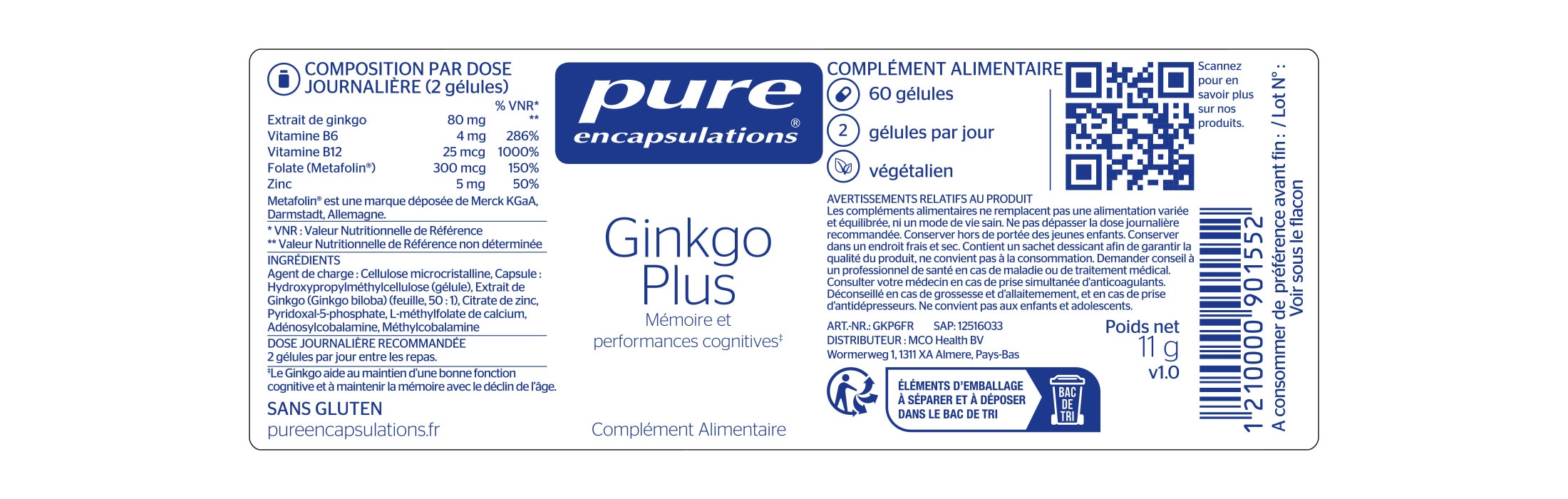 Informations nutritionnelles du Ginkgo Plus de Pure Encapsulations.