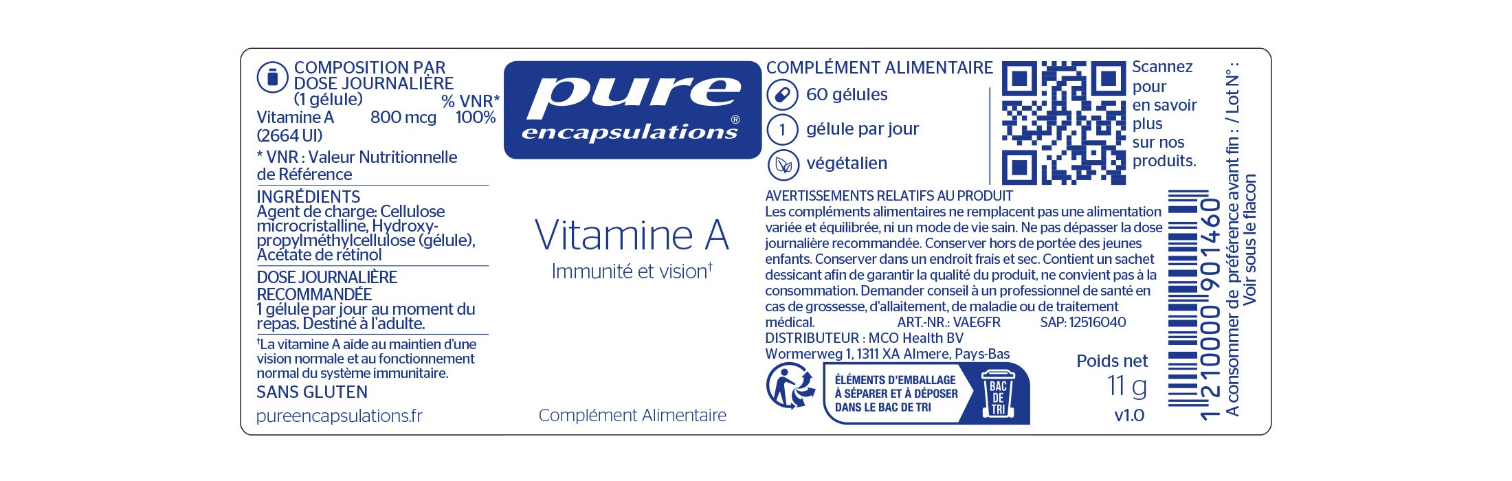 Informations nutritionnelles de la Vitamine A de Pure Encapsulations.