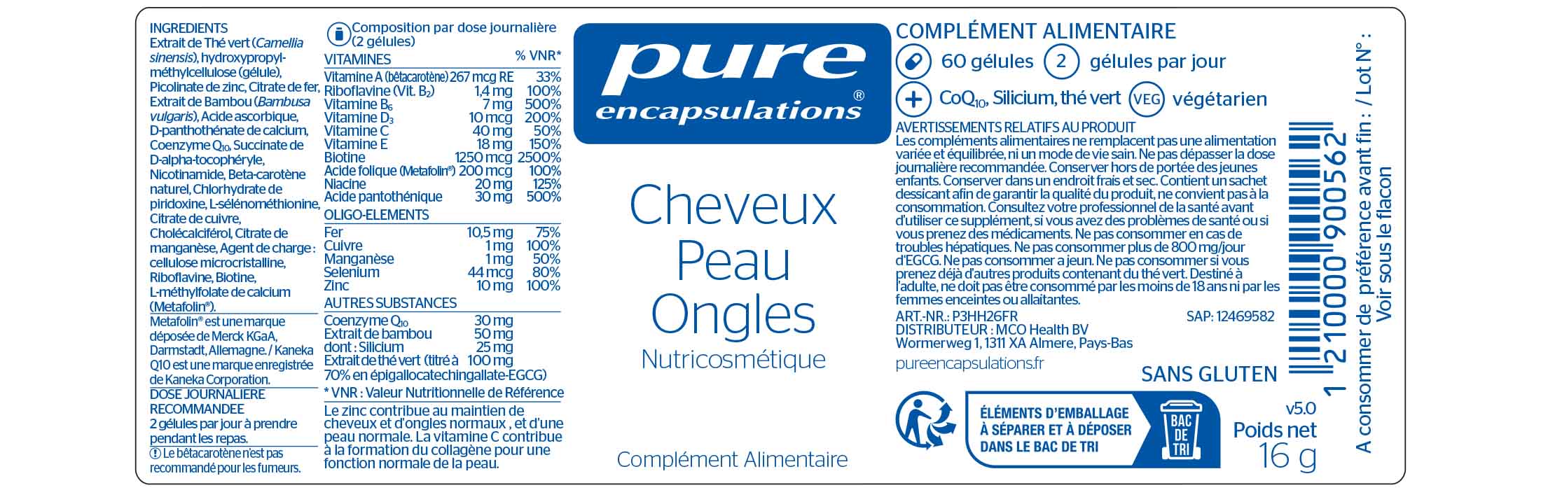 Informations nutritionnelles Cheveux Peau Ongles Pure Encapsulations
