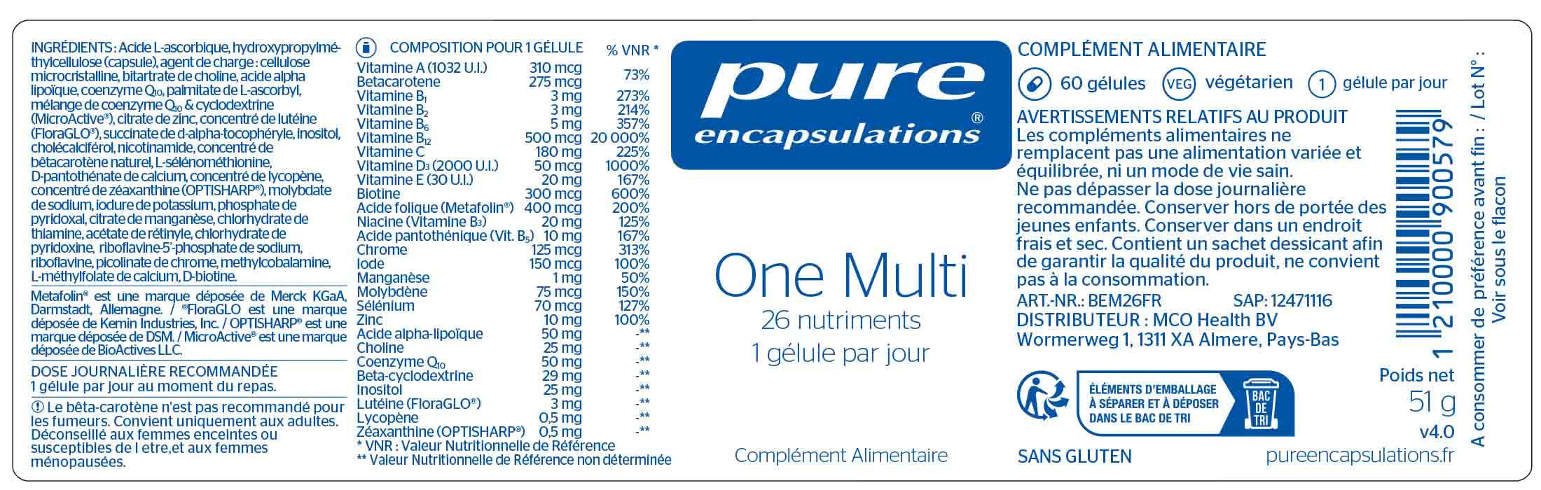 Informations nutritionnelles One Multi Pure Encapsulations